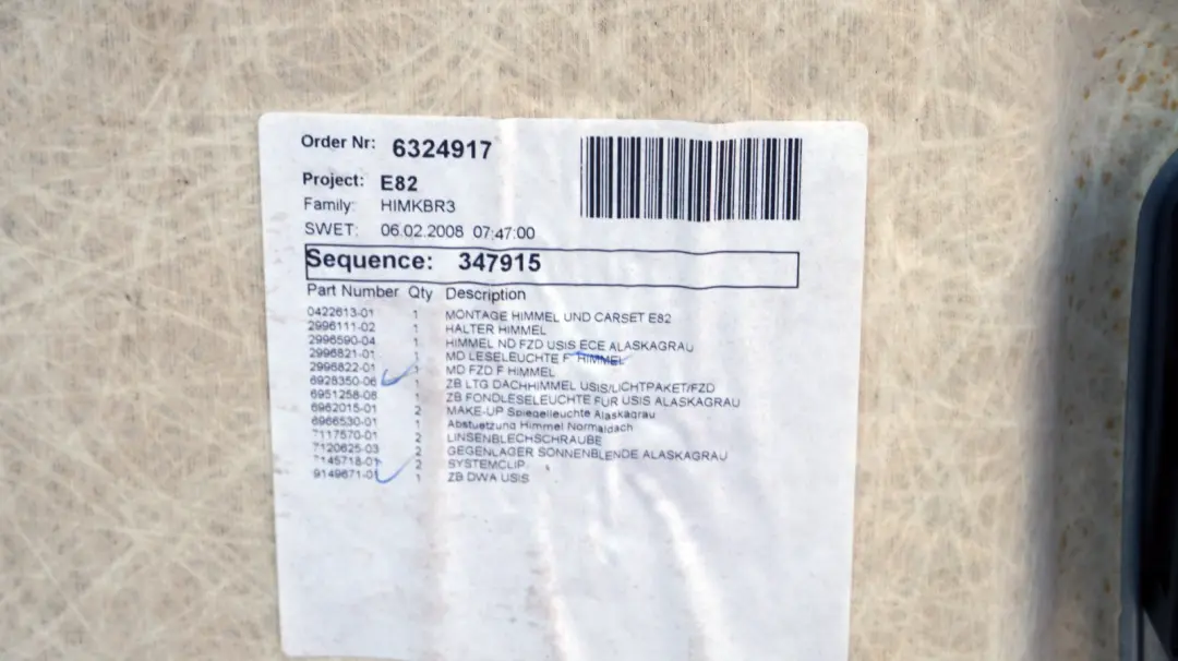 Headliner Headlining Roof Lining Alaskagrau Grau Grey 2996316 to BMW 1 Series E82 with Part number 2997373 BMW 1 Series E82 Headliner Headlining Roof Lining Alaskagrau Grau Grey 2996316 - SKU 2997373 - Part number 2997373