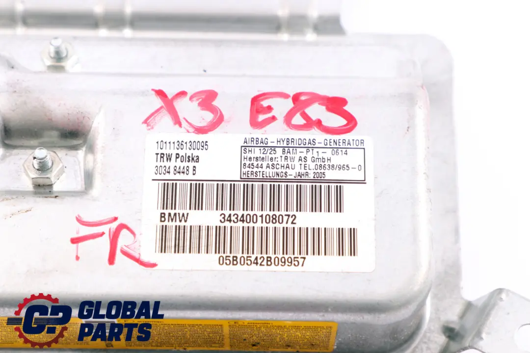 Airbag Puerta Delantera Derecha PRE-LCI para BMW X3 E83 con número de pieza 3400108 BMW X3 E83 Airbag Puerta Delantera Derecha PRE-LCI - SKU 3400108 - Número de pieza 3400108