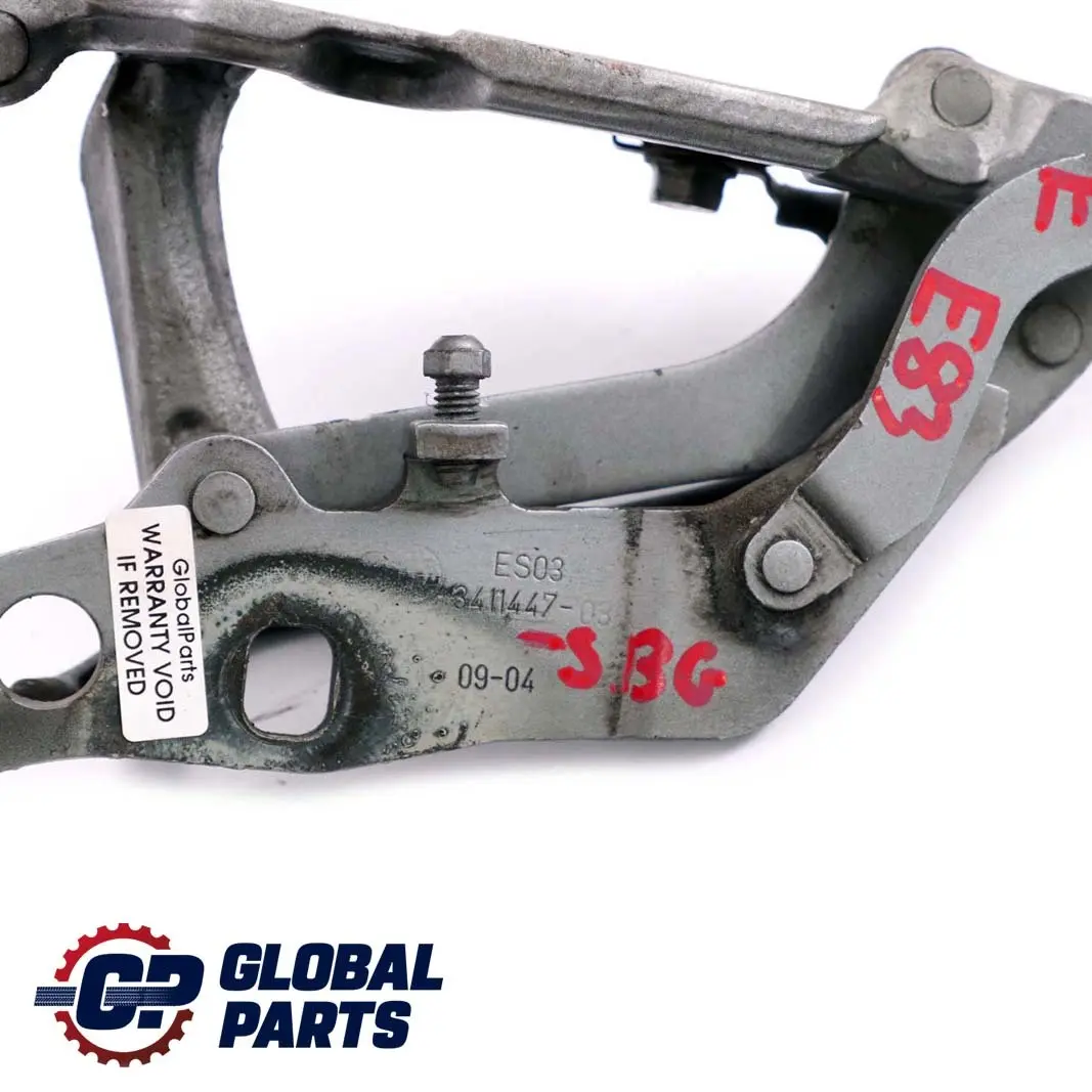 Capo delantero Bisagra izquierda Silbergrau Gris para BMW E83 con número de pieza 3411447 BMW E83 Capo delantero Bisagra izquierda Silbergrau Gris - SKU 3411447-SBG - Número de pieza 3411447
