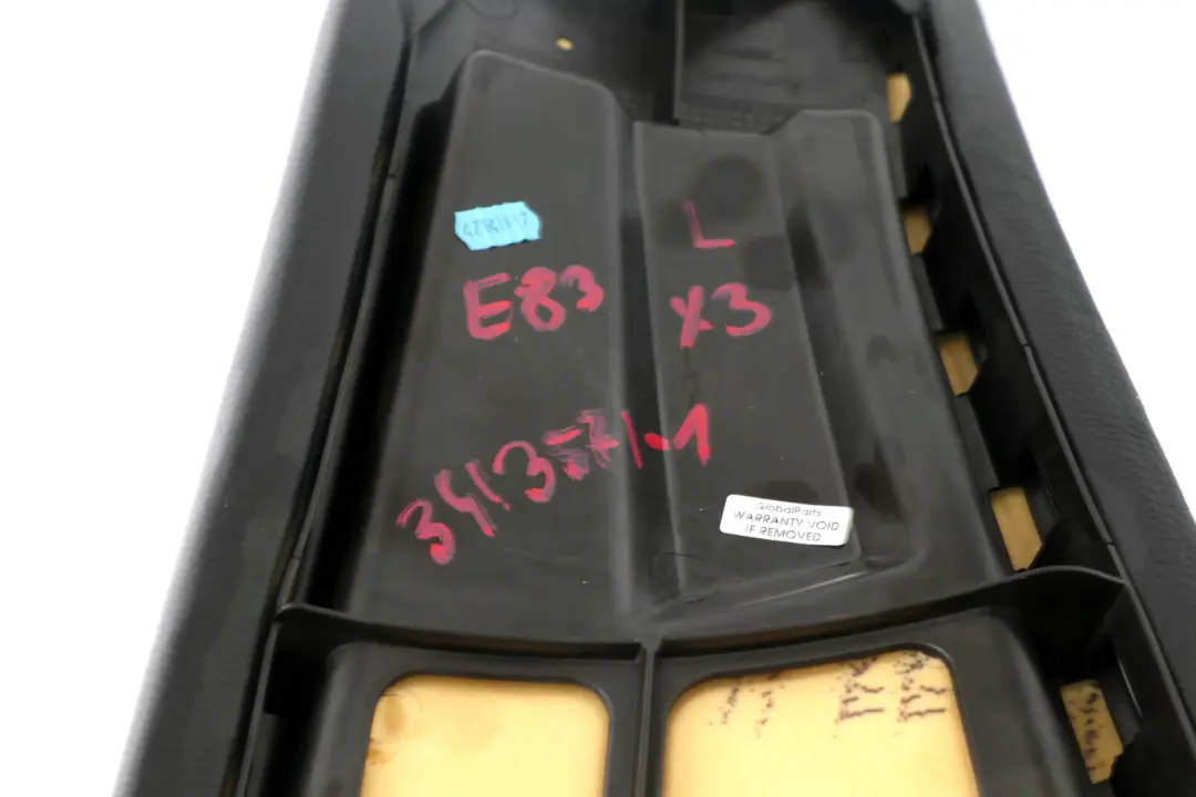 Left N/S Lateral Panel Trim Black Leather 3330437 to BMW X3 Series E83 Rear Seat with Part number 3413571 BMW X3 Series E83 Rear Seat Left N/S Lateral Panel Trim Black Leather 3330437 - SKU 3413571-1 - Part number 3413571