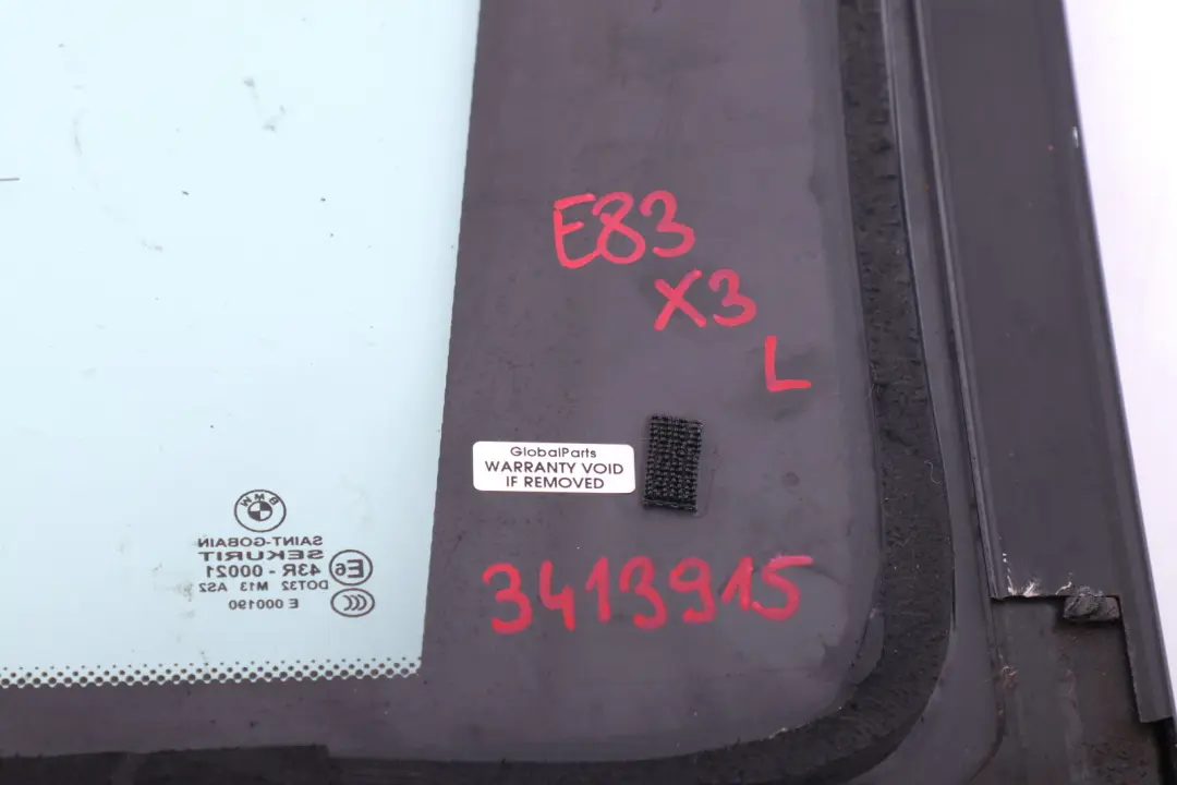 Cristal Ventana Lateral Verde Trasera Izquierda AS2 Función TV Glanz para BMW X3 E83 con número de pieza 3413915 BMW X3 E83 Cristal Ventana Lateral Verde Trasera Izquierda AS2 Función TV Glanz - SKU 3413915-1 - Número de pieza 3413915