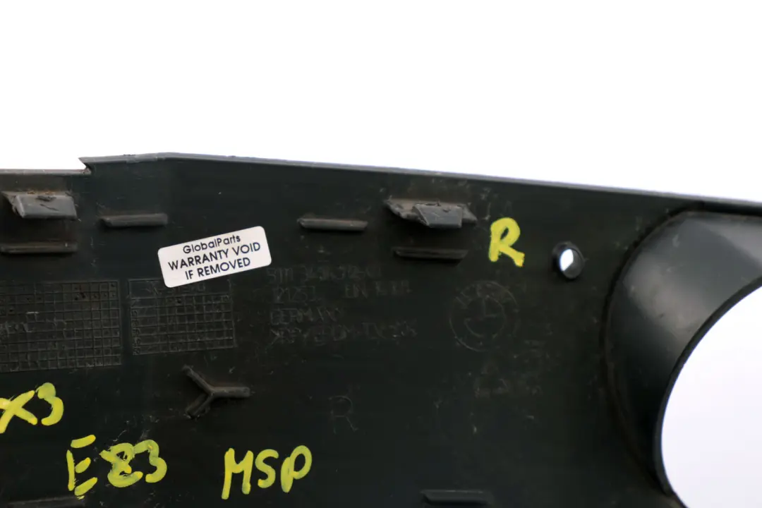 Front Bumper Cover Fog Lamp Grill Right O/S to BMW X3 Series E83 M Sport with Part number 3414312 BMW X3 Series E83 M Sport Front Bumper Cover Fog Lamp Grill Right O/S - SKU 3414312 - Part number 3414312