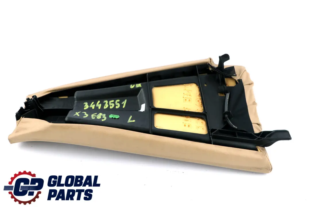 Left N/S Lateral Panel Trim Leather Beige to BMW X3 E83 Rear Seat with Part number 3443551 BMW X3 E83 Rear Seat Left N/S Lateral Panel Trim Leather Beige - SKU 3443551 - Part number 3443551