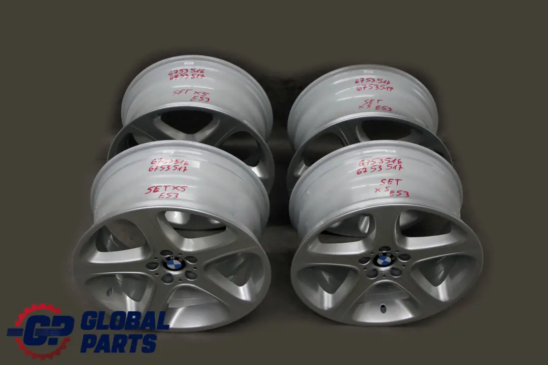 Complete Set 4x Wheel Rim 20" 9,5J 10,5J Star Spoke 87 to BMW X5 Series E53 Silver with Part number 6753516 / 6753517 BMW X5 Series E53 Silver Complete Set 4x Wheel Rim 20" 9,5J 10,5J Star Spoke 87 - SKU 6753516/6753517 - Part number 6753516 / 6753517