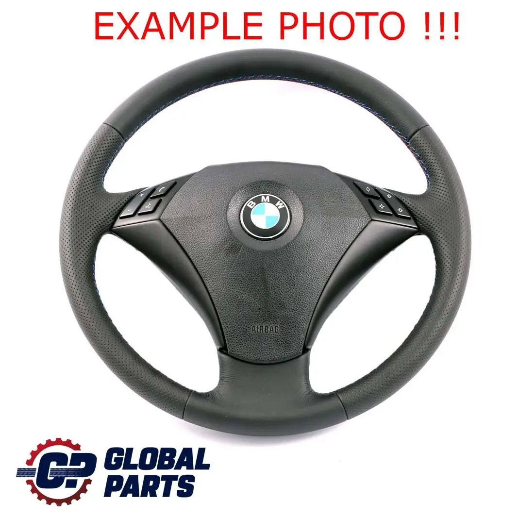 Leather Steering Wheel M-tricolored Threads to BMW 5 Series E60 E61 NEW Black with Part number 6763359 BMW 5 Series E60 E61 NEW Black Leather Steering Wheel M-tricolored Threads - SKU 6763359 - Part number 6763359