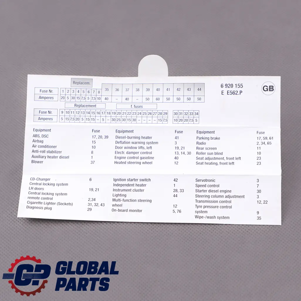 Map Fuse Grouping to BMW 7 Series E65 E66 with Part number 6920155 BMW 7 Series E65 E66 Map Fuse Grouping - SKU 6920155 - Part number 6920155