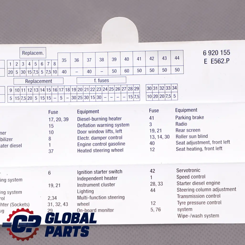 Map Fuse Grouping to BMW 7 Series E65 E66 with Part number 6920155 BMW 7 Series E65 E66 Map Fuse Grouping - SKU 6920155 - Part number 6920155