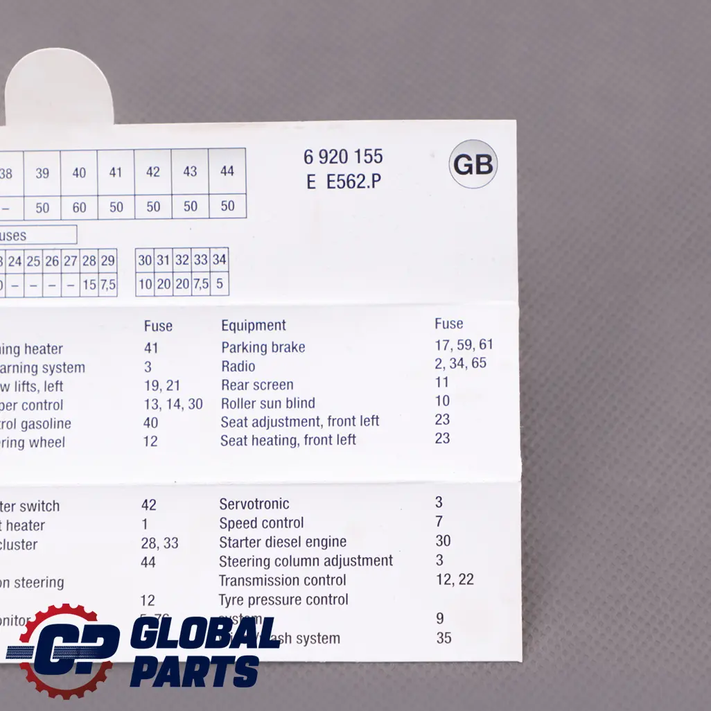 Map Fuse Grouping to BMW 7 Series E65 E66 with Part number 6920155 BMW 7 Series E65 E66 Map Fuse Grouping - SKU 6920155 - Part number 6920155