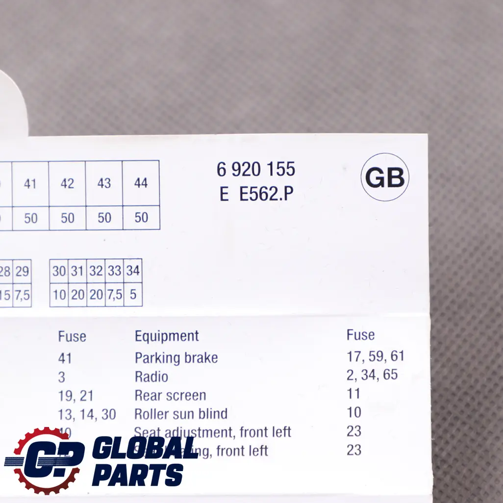 Map Fuse Grouping to BMW 7 Series E65 E66 with Part number 6920155 BMW 7 Series E65 E66 Map Fuse Grouping - SKU 6920155 - Part number 6920155