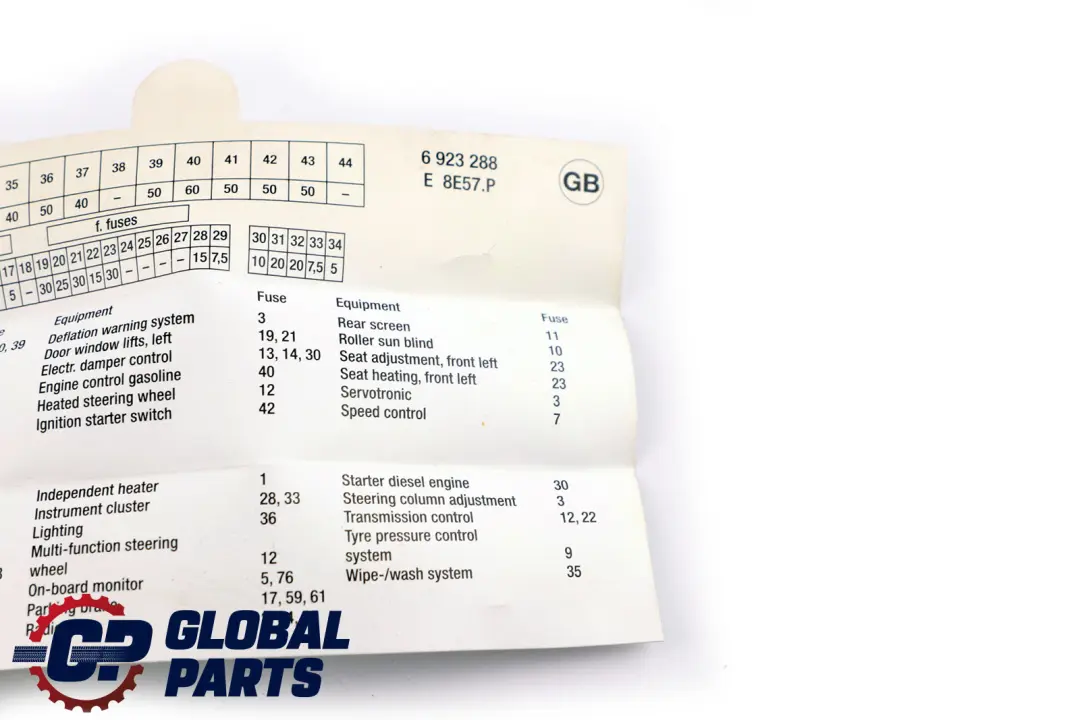 BMW 7 Series E65 E66 Map Fuse Grouping - SKU 6923288 - Part number 6923288