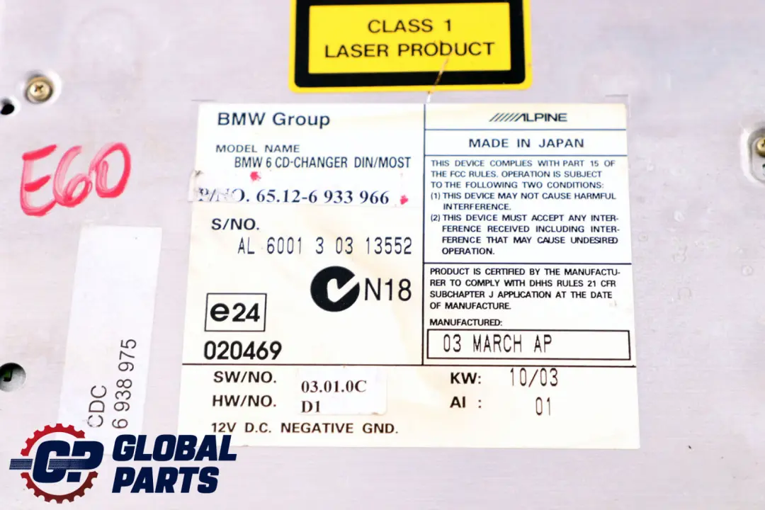 BMW 5 6 Series E60 E61 E63 6-DISC Compact CD Changer Without Magazine - SKU 6933966 - Part number 6933966