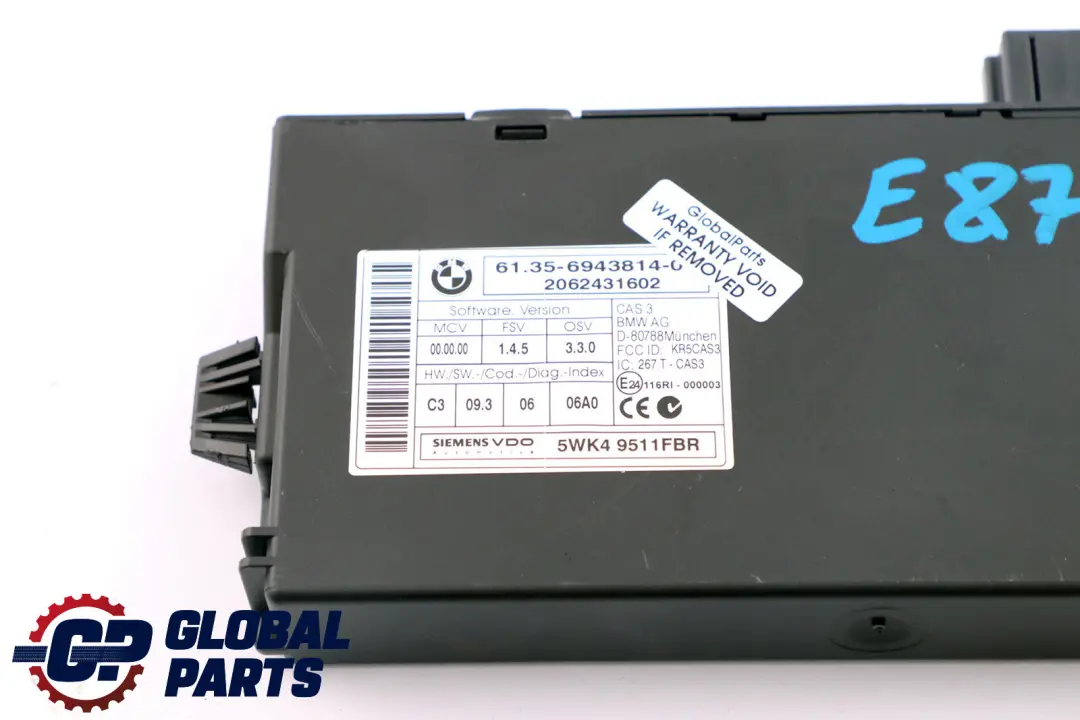 BMW E60 E87 E90 CAS 3 Unidad De Control ECU Modulo De Lectura De Llaves - SKU 6943814 - Número de pieza 6943814