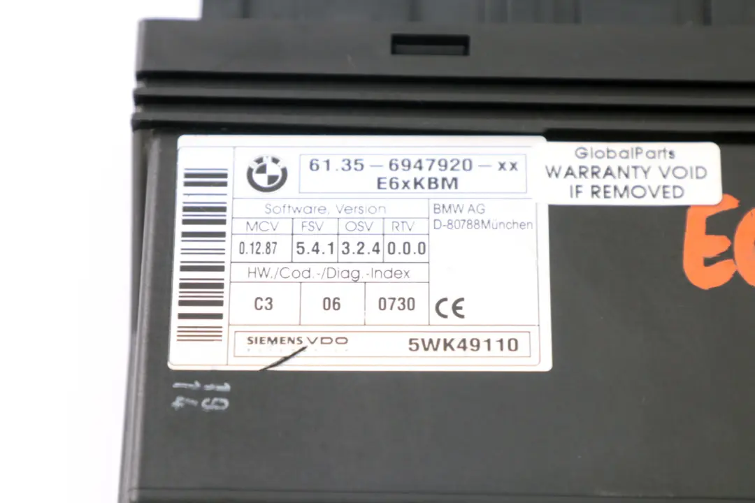 Body Control Module ECU Control Unit High to BMW 5 Series E61 Touring with Part number 9136040 BMW 5 Series E61 Touring Body Control Module ECU Control Unit High - SKU 6947920 - Part number 9136040