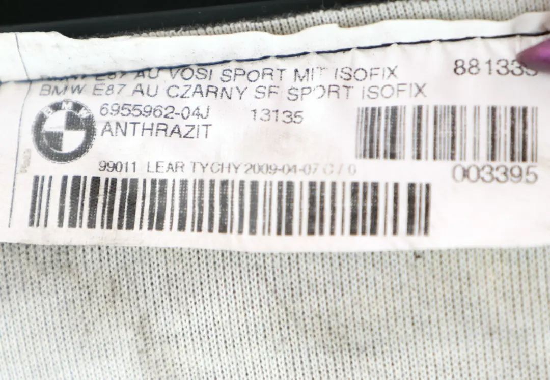 BMW 1 Serie E87 Siege Reference Reste Tissu a L'Avant Gauche Anthracite 6964847 - SKU 6955962 - Numéro de pièce 6955962