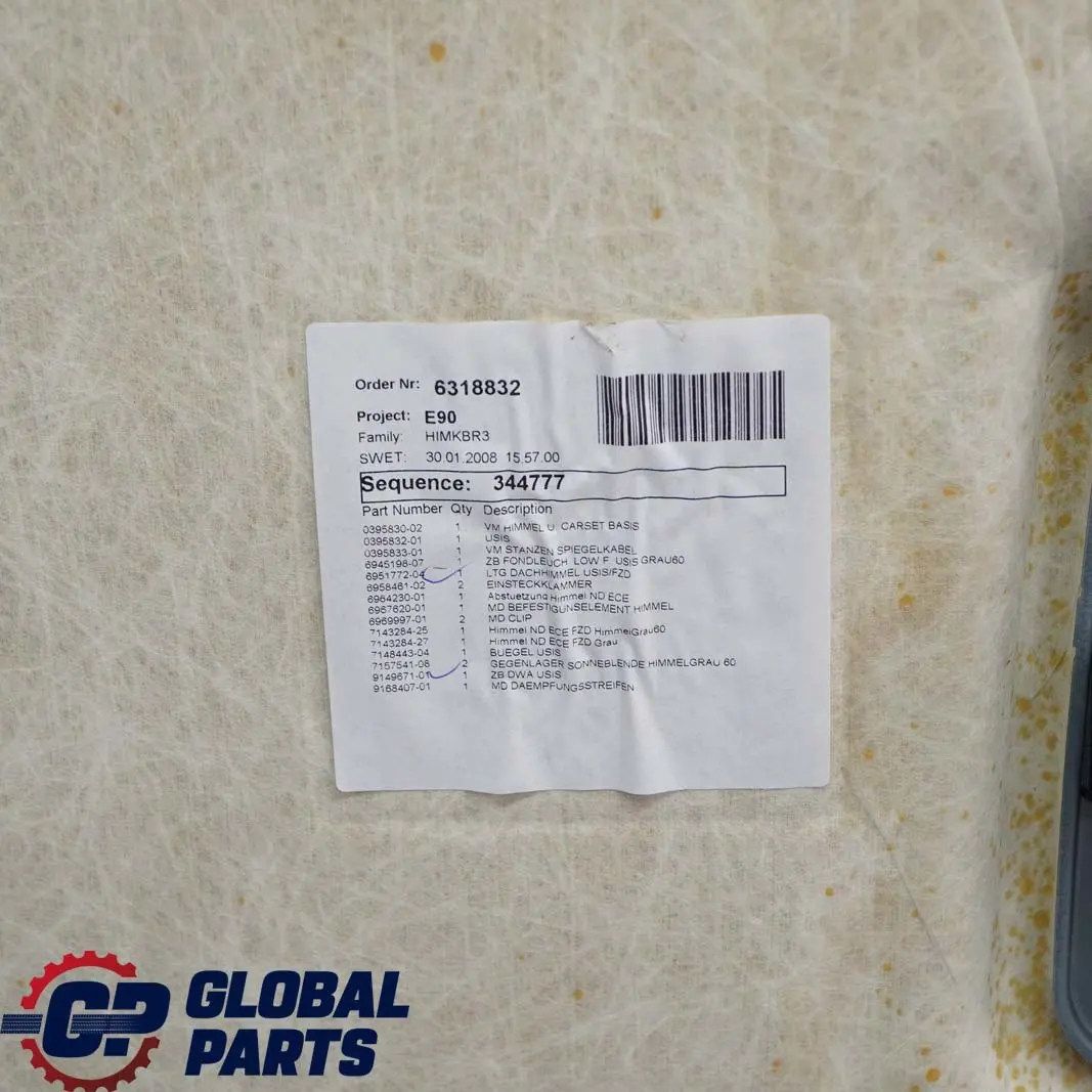 Headlining Moulded Roof Lining Cover Trim Grey Grau 7143284 to BMW E90 Saloon with Part number 6960550 BMW E90 Saloon Headlining Moulded Roof Lining Cover Trim Grey Grau 7143284 - SKU 6960550-1 - Part number 6960550