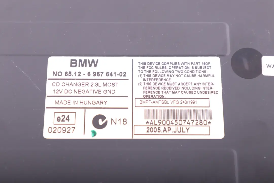 6-disc CD Changer With Magazine to BMW E81 E87 E90 E91 E92 with Part number 6967641 BMW E81 E87 E90 E91 E92 6-disc CD Changer With Magazine - SKU 6967641 - Part number 6967641