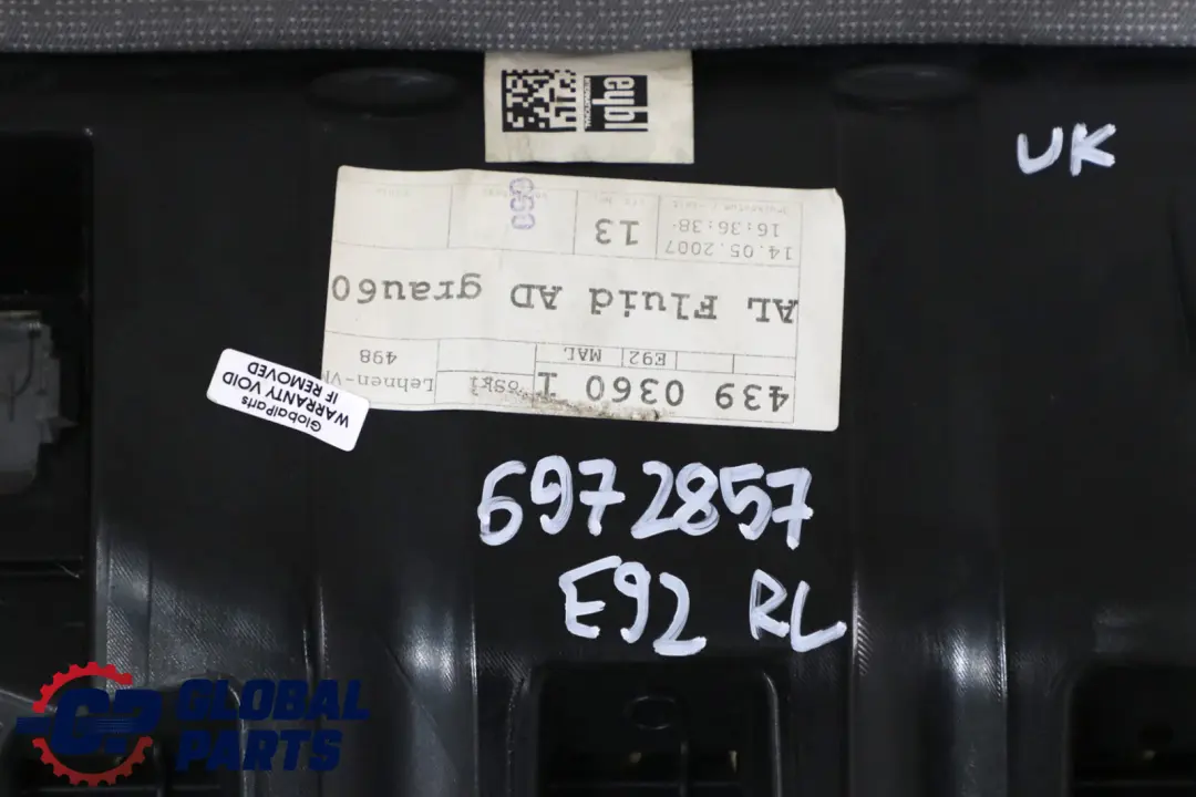 Grey Cloth Rear Left Seat N/S Cover Couch Bench to BMW 3 Series E92 Coupe with Part number 6972857 BMW 3 Series E92 Coupe Grey Cloth Rear Left Seat N/S Cover Couch Bench - SKU 6972857 - Part number 6972857