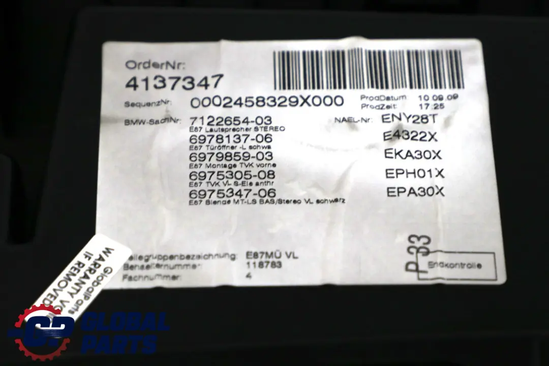 BMW 1 Series E87 LCI 2 Front Left N/S Door Card Lining Panel Elektra Anthracite - SKU 6975305-2 - Part number 6975305