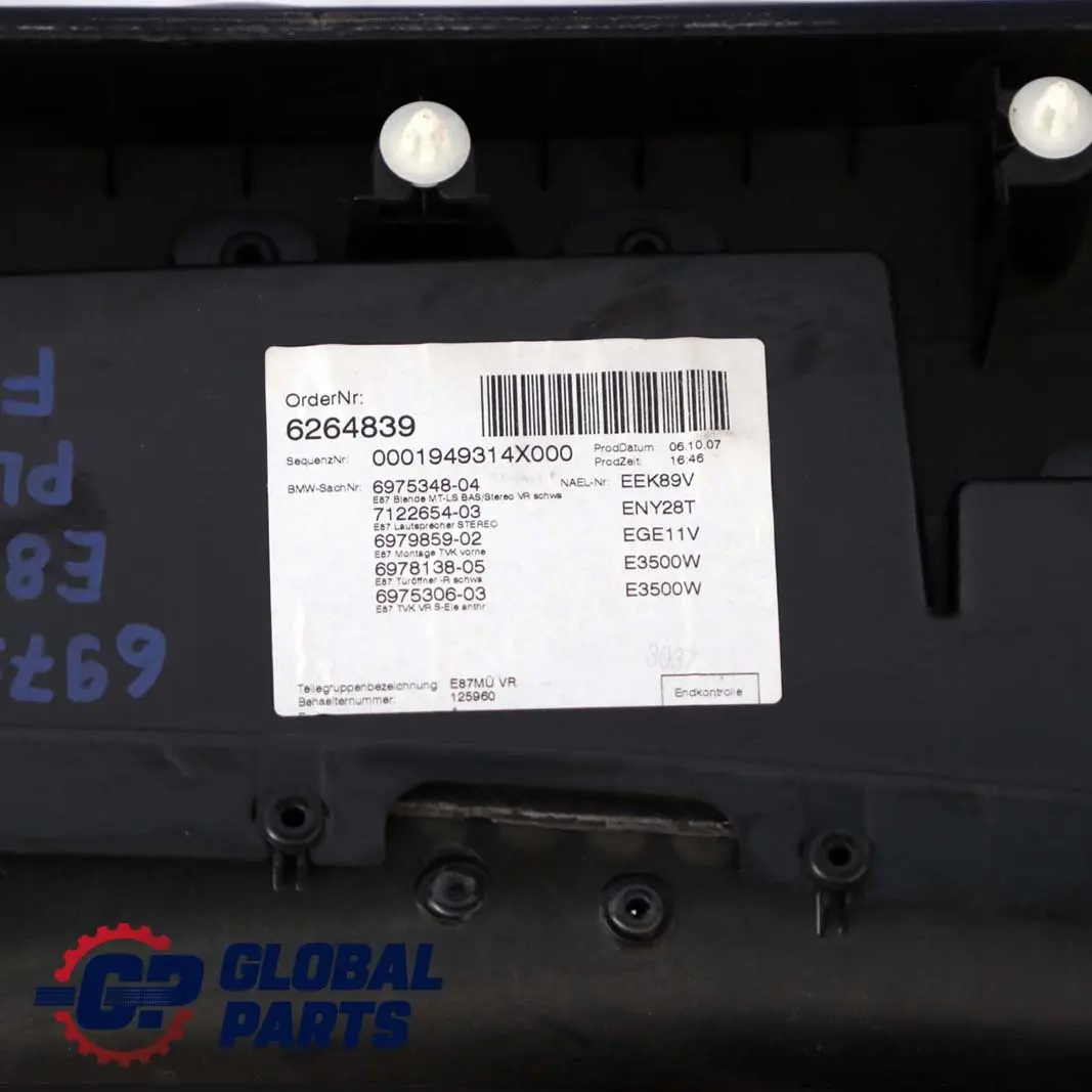 Front Right O/S Door Card Lining Panel Elektra Anthracite to BMW 1 Series E87 LCI with Part number 6975306 BMW 1 Series E87 LCI Front Right O/S Door Card Lining Panel Elektra Anthracite - SKU 6975306 - Part number 6975306