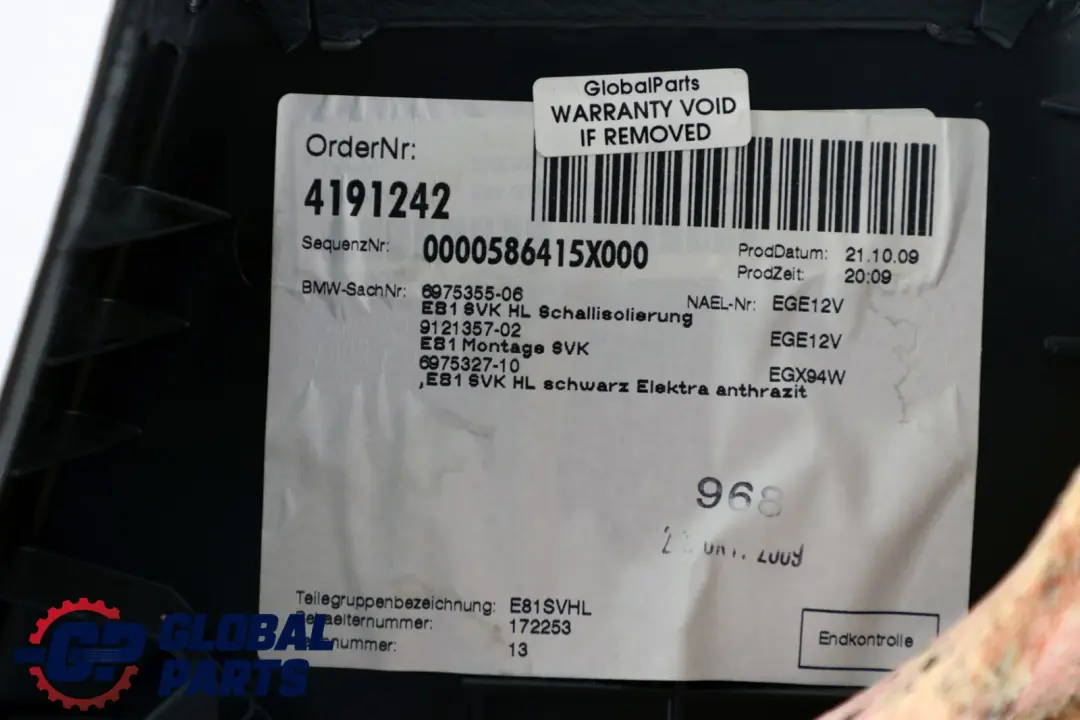 BMW 1 Series E81 1 Rear Left N/S Lateral Trim Panel Cloth Elektra Anthracite - SKU 6975327-1 - Part number 6975327