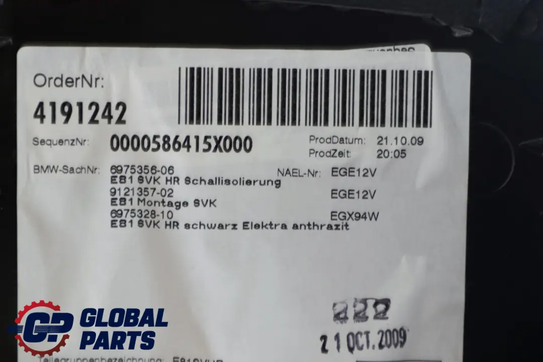 BMW 1 Series E81 1 Rear Right O/S Lateral Trim Panel Cloth Elektra Anthracite - SKU 6975328-1 - Part number 6975328