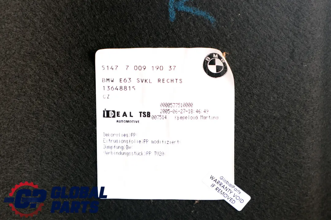 Tapicerka boczek bagażnika prawa do BMW E63 Coupe o numerze 6977036 BMW E63 Coupe Tapicerka boczek bagażnika prawa - SKU 6977036 - Numer Części 6977036