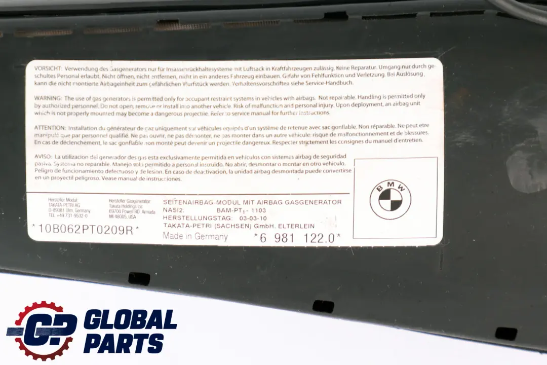 BMW E88 Front Seat Side Air Module Unit Right O/S - SKU 6981122 - Part number 6981122