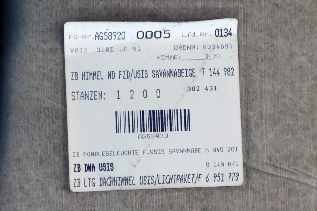 BMW E91 Headlining Moulded Roof Lining Beige - SKU 6982761 - Part number 6982761