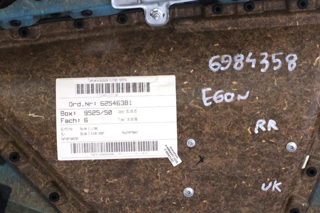 Right O/S Door Card Lining Cloth Panel Beige to BMW 5 Series E60 E61 LCI Rear with Part number 6984358 BMW 5 Series E60 E61 LCI Rear Right O/S Door Card Lining Cloth Panel Beige - SKU 6984358 - Part number 6984358