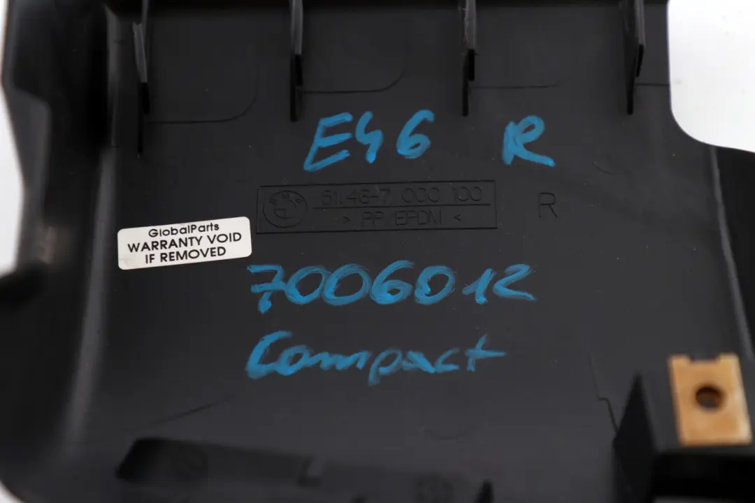 Belt Outlet Guide Tunnel Rear Right O/S to BMW 3 Series E46 Compact Cover with Part number 7000100 BMW 3 Series E46 Compact Cover Belt Outlet Guide Tunnel Rear Right O/S - SKU 7006012 - Part number 7000100