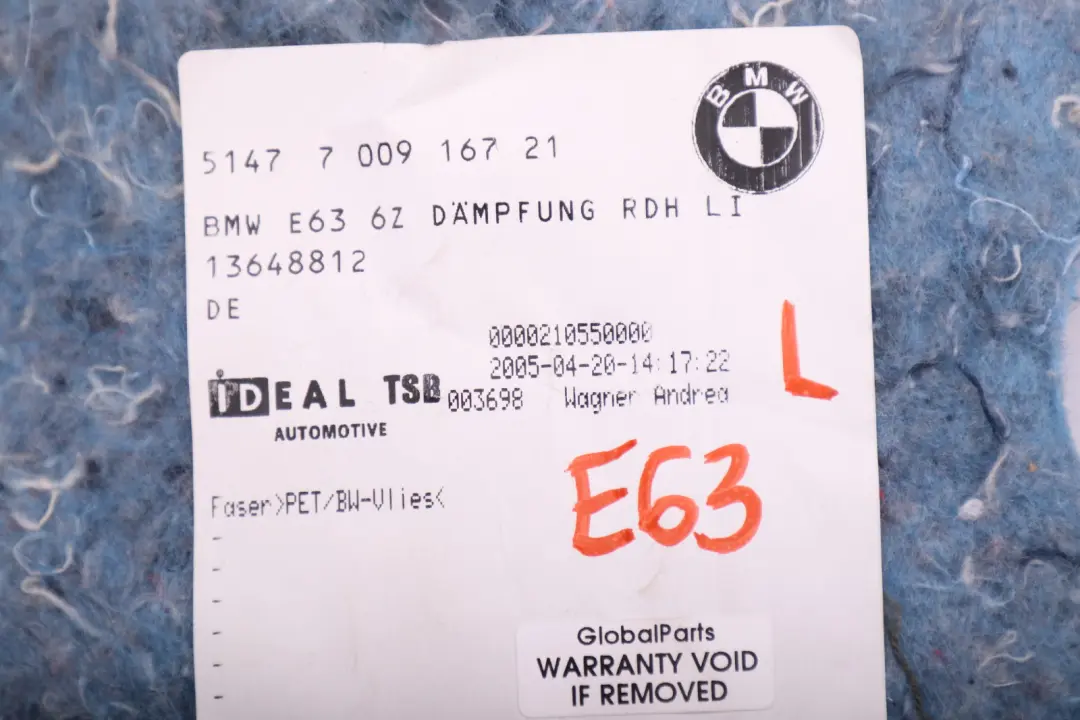 BMW E63 LCI Son Insulatng Coffre Roue Logement Gauche - SKU 7009167 - Numéro de pièce 7009167