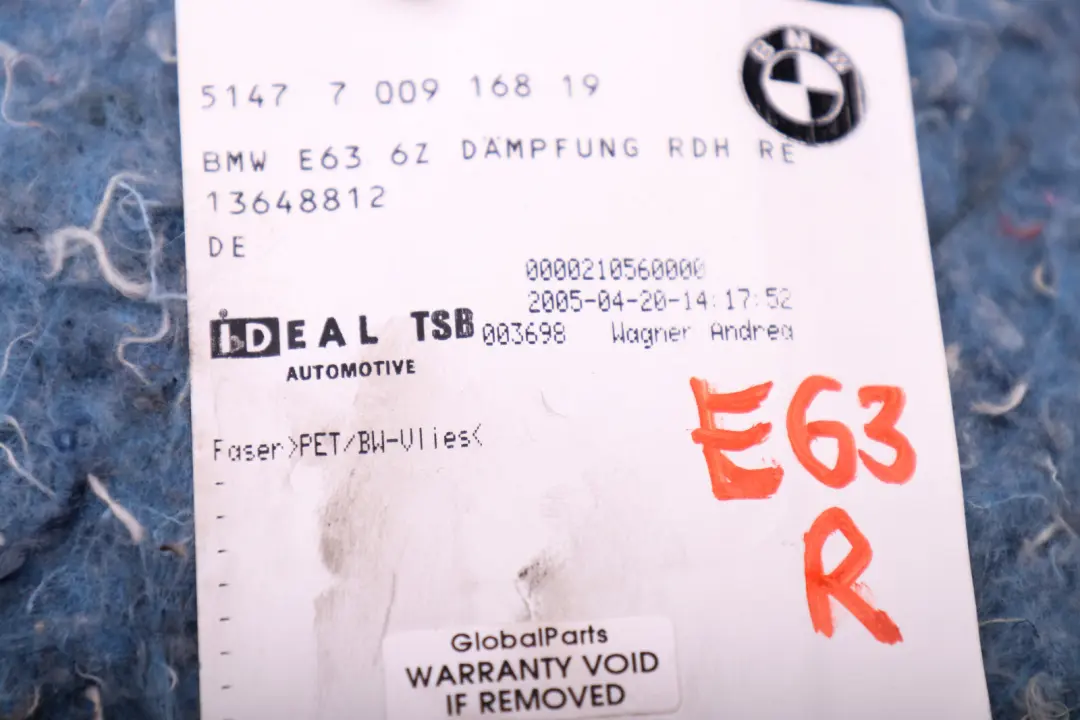 BMW 6 SERIES E63 LCI Sound Insulatng Trunk Wheel Housing Right O/S - SKU 7009168 - Teilenummer 7009168