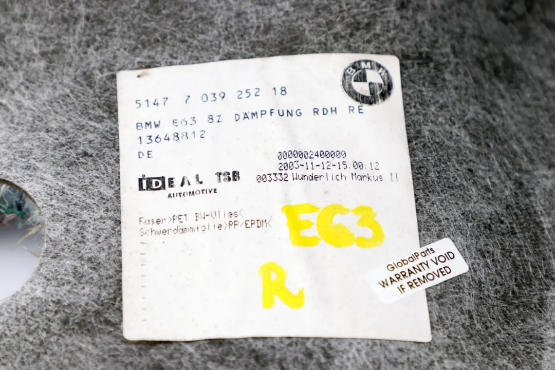 E63N LCI Insonorización Maletero Derecho para BMW Serie 6 E63 con número de pieza 7039252 BMW Serie 6 E63 E63N LCI Insonorización Maletero Derecho - SKU 7039252 - Número de pieza 7039252