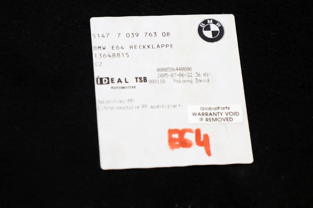 Boot Trunk Lid Partition Trim Panel to BMW E64 Convertible Rear with Part number 7039763 BMW E64 Convertible Rear Boot Trunk Lid Partition Trim Panel - SKU 7039763 - Part number 7039763