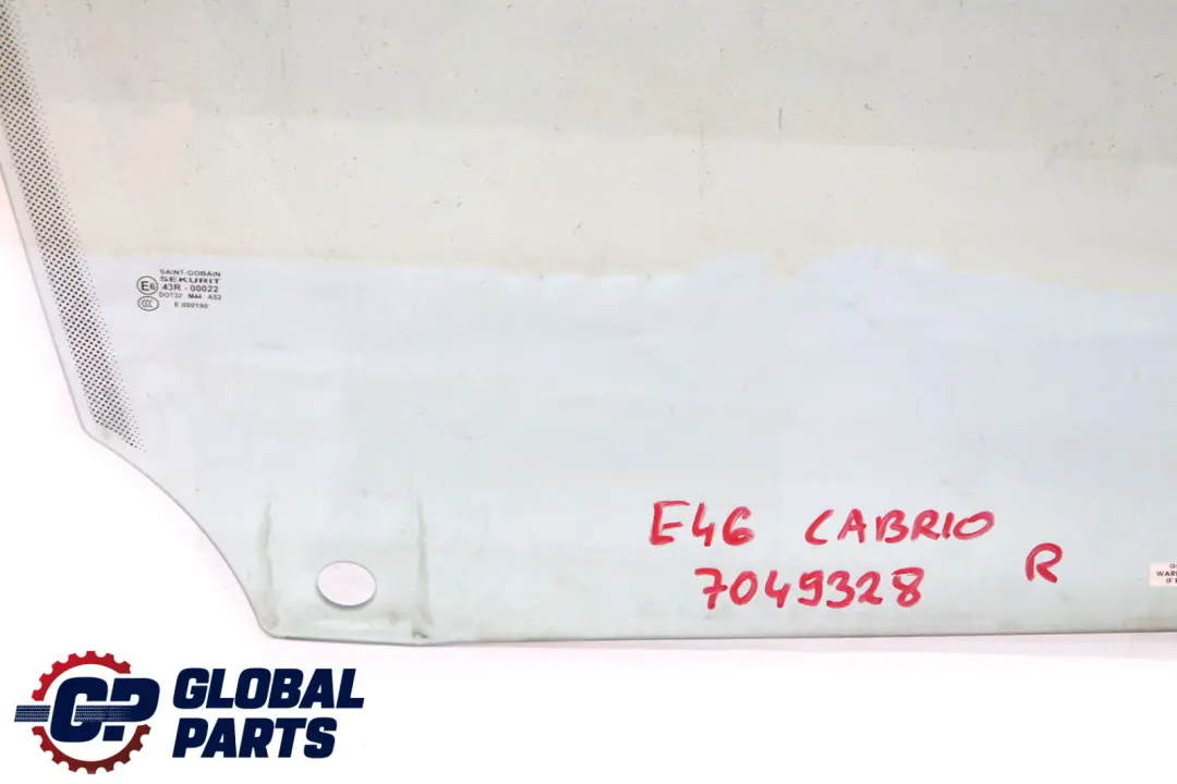 Front Right Door O/S Side Window Glass AS2 to BMW 3 Series E46 Cabrio with Part number 7049328 BMW 3 Series E46 Cabrio Front Right Door O/S Side Window Glass AS2 - SKU 7049328 - Part number 7049328