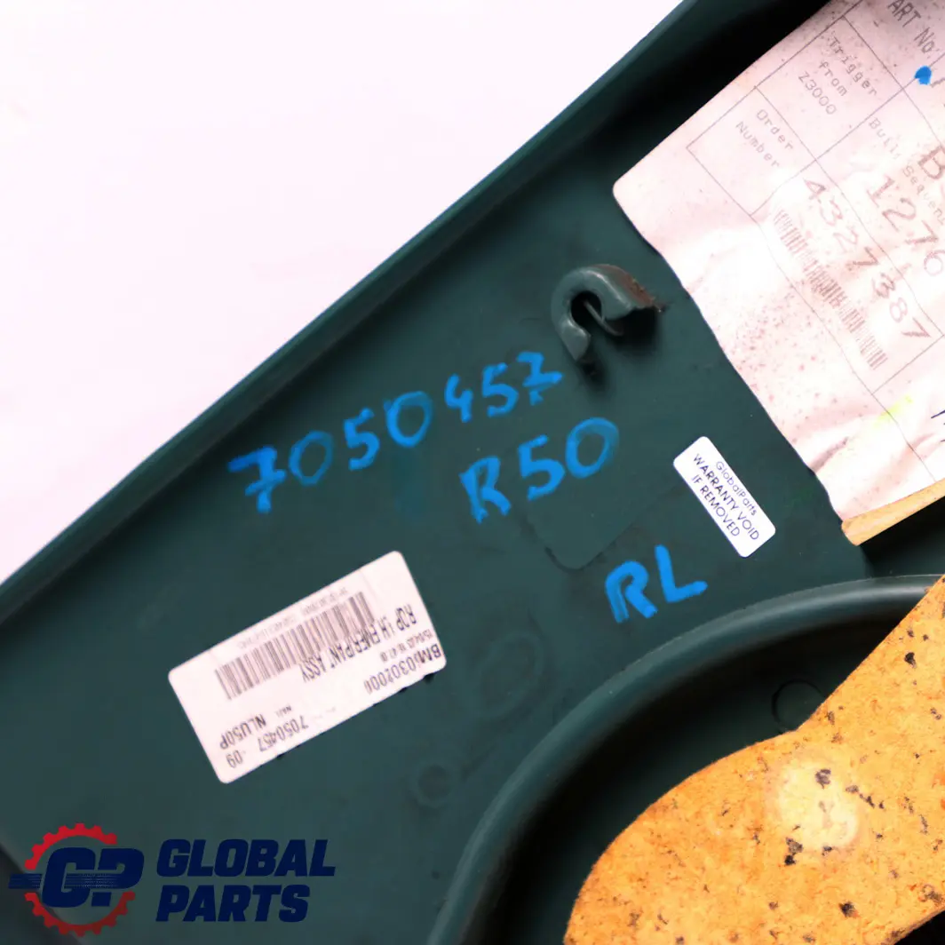 Left N/S Lateral Trim Side Panel Emerald Green to BMW Mini Cooper R50 R53 Rear with Part number 7050457 BMW Mini Cooper R50 R53 Rear Left N/S Lateral Trim Side Panel Emerald Green - SKU 7050457 - Part number 7050457