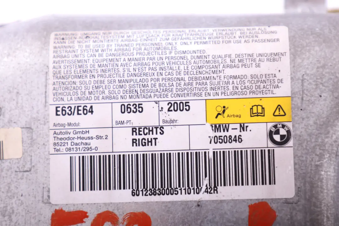 BMW E63 E64 LCI Modulo Air Bag Porta Anteriore Destra O/S - SKU 7050846 - Numero di parte 7050846