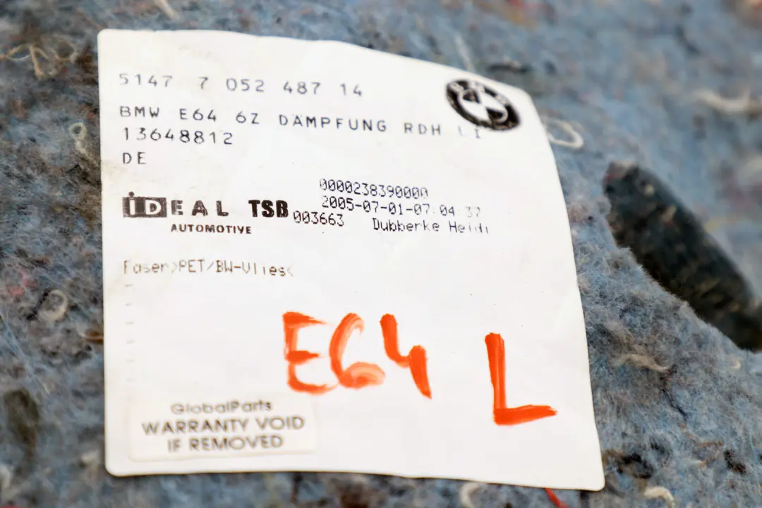 Sound Insulatng Trunk Wheel Housing Left N/S to BMW 6 Series E64 LCI with Part number 7052487 BMW 6 Series E64 LCI Sound Insulatng Trunk Wheel Housing Left N/S - SKU 7052487 - Part number 7052487