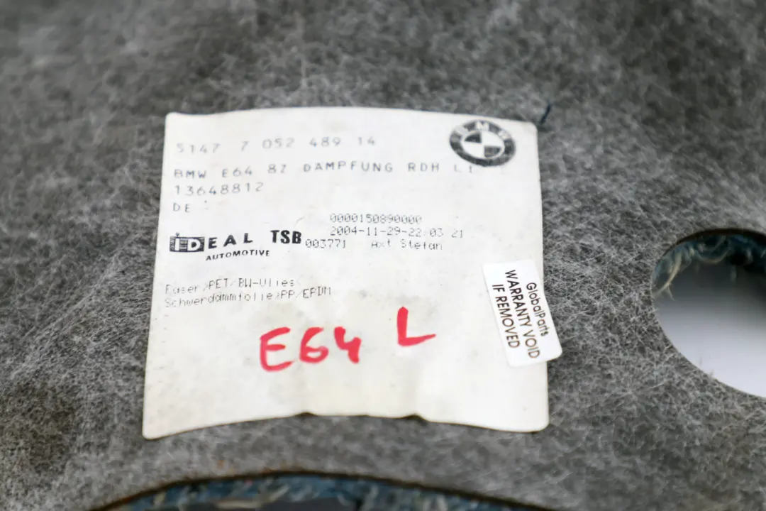 E64N LCI Cabrio Sound Insulatng Trunk Wheel Housing Left N/S to BMW 6 Series E64 with Part number 7052489 BMW 6 Series E64 E64N LCI Cabrio Sound Insulatng Trunk Wheel Housing Left N/S - SKU 7052489 - Part number 7052489