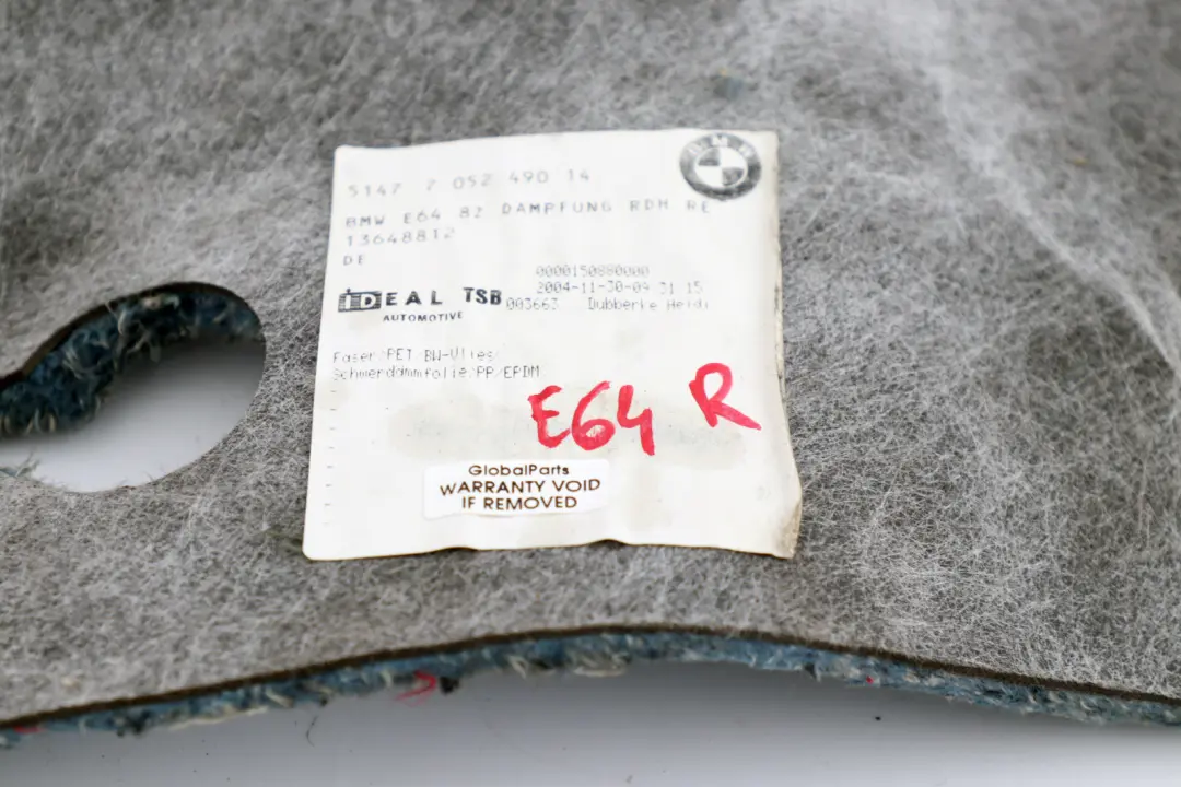 E64N LCI Cabrio Sound Insulatng Trunk Right O/S Wheel Housing to BMW 6 Series E64 with Part number 7052490 BMW 6 Series E64 E64N LCI Cabrio Sound Insulatng Trunk Right O/S Wheel Housing - SKU 7052490 - Part number 7052490