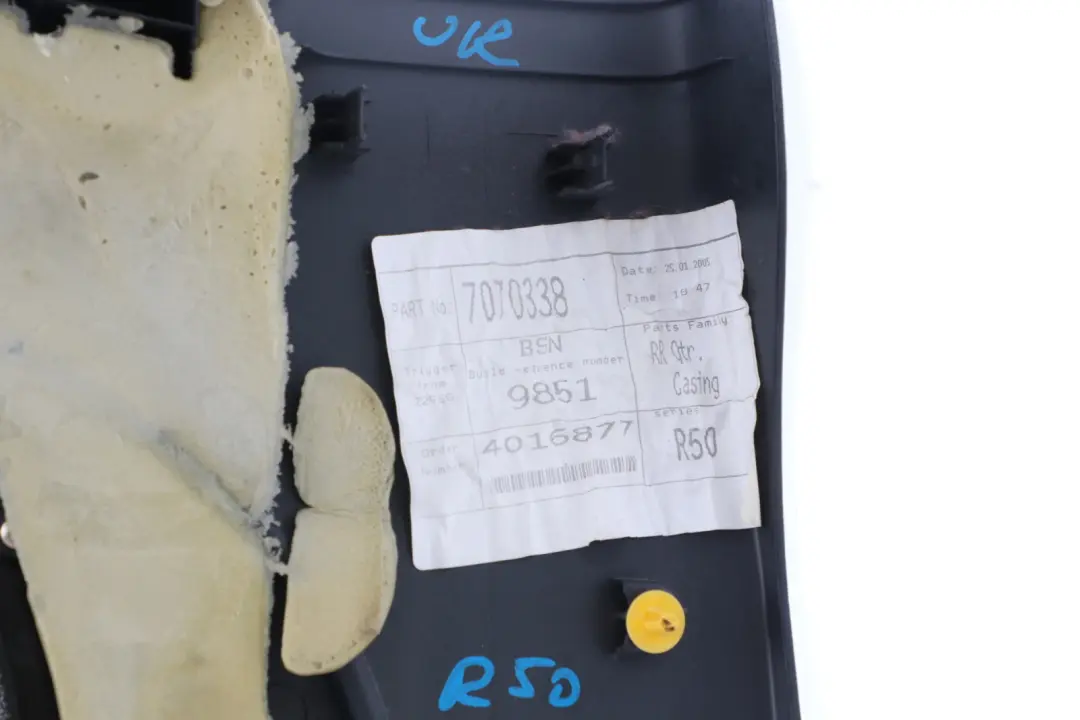 Right O/S Lateral Trim Side Panel Panther Black to Mini Cooper R50 R53 Rear with Part number 7070338 Mini Cooper R50 R53 Rear Right O/S Lateral Trim Side Panel Panther Black - SKU 7070338 - Part number 7070338