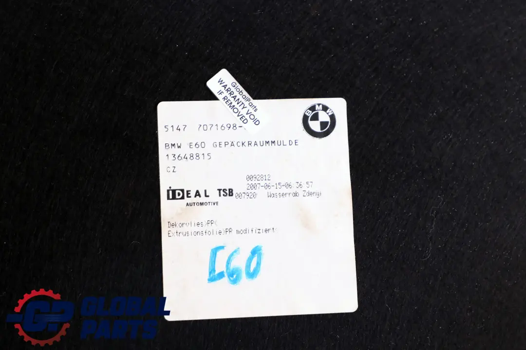 Wykładzina Dywan Wnęka Bagażnika Koła do BMW E60 o numerze 7071698 BMW E60 Wykładzina Dywan Wnęka Bagażnika Koła - SKU 7071698 - Numer Części 7071698