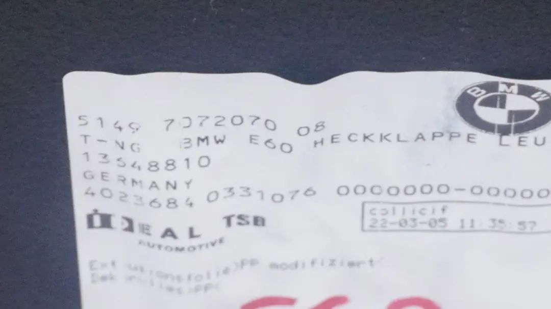 BMW E60 Pokrywa Tapicerka Klapy Bagażnika - SKU 7072070 - Numer Części 7122193