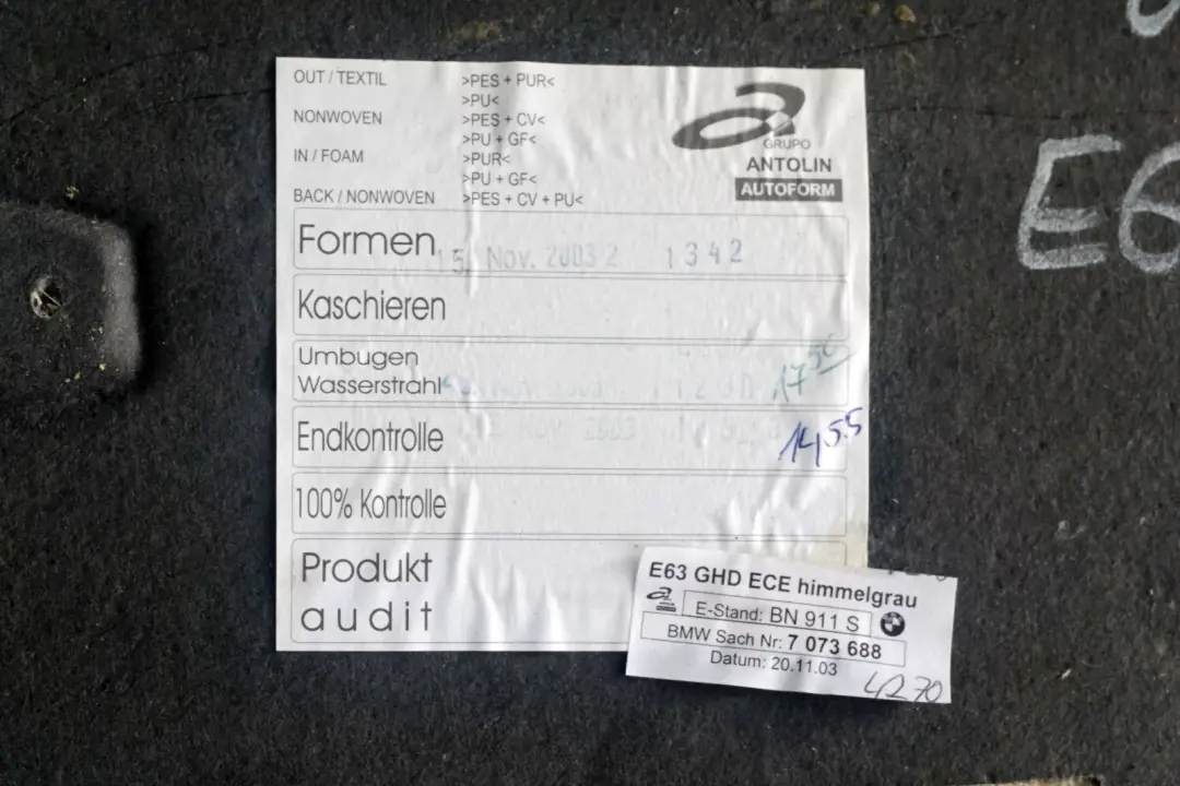 BMW 6 Series E63 Headlining Roof Lining For Sliding Lifting Roof Himmelgrau Grey - SKU 7073688 - Part number 7073688