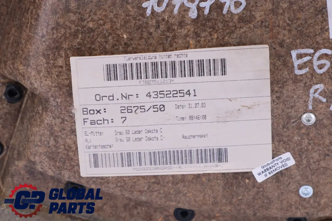 BMW E60 E61 Boczek tapicerka drzwi prawy tył - SKU 7078746 - Numer Części 7078746