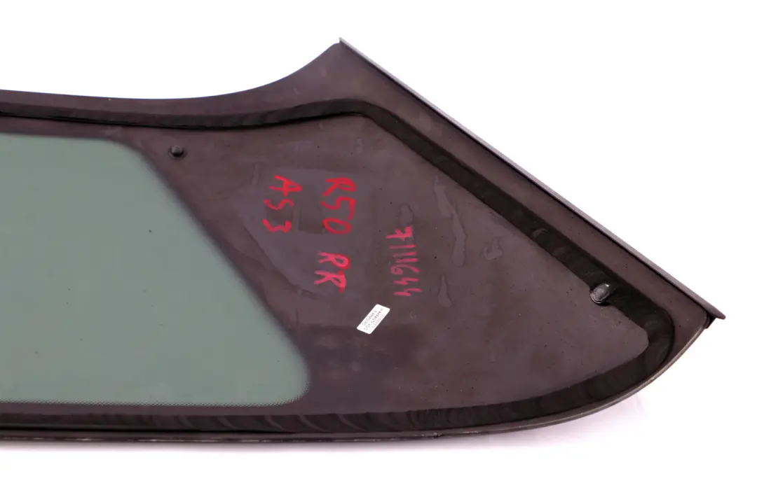 Right Side Window Glass Black Trim O/S to Mini Cooper R50 R53 Rear with Part number 7111644 Mini Cooper R50 R53 Rear Right Side Window Glass Black Trim O/S - SKU 7111644 - Part number 7111644