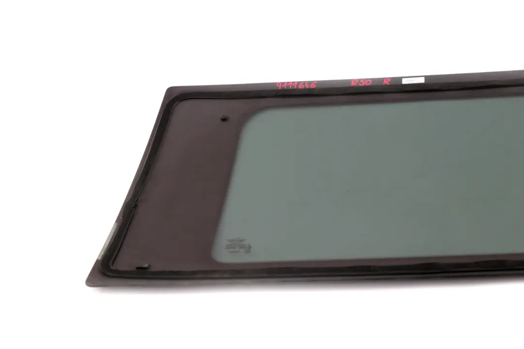 Right Side Window Glass Black Trim O/S to Mini Cooper R50 R53 Rear with Part number 7111646 Mini Cooper R50 R53 Rear Right Side Window Glass Black Trim O/S - SKU 7111646 - Part number 7111646