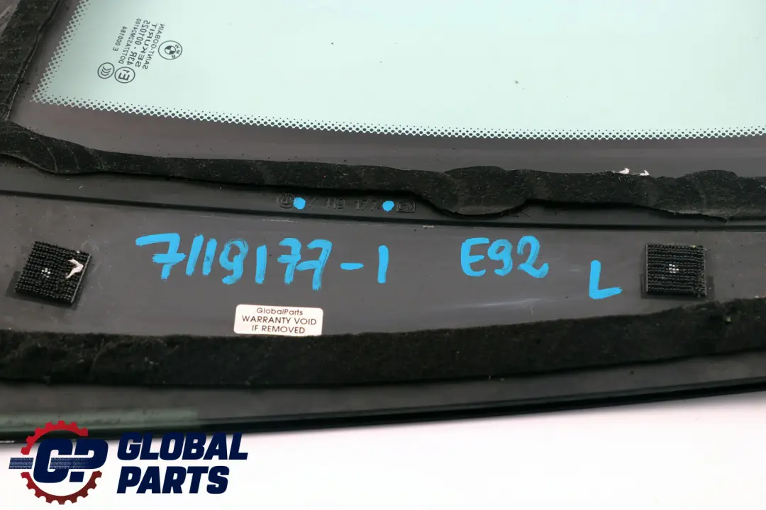 Hinter Tür Seiten Fenster Glas Grün AS2 Schwarz Trim Links für BMW E92 mit Teilenummer 7119177 BMW E92 Hinter Tür Seiten Fenster Glas Grün AS2 Schwarz Trim Links - SKU 7119177-1 - Teilenummer 7119177
