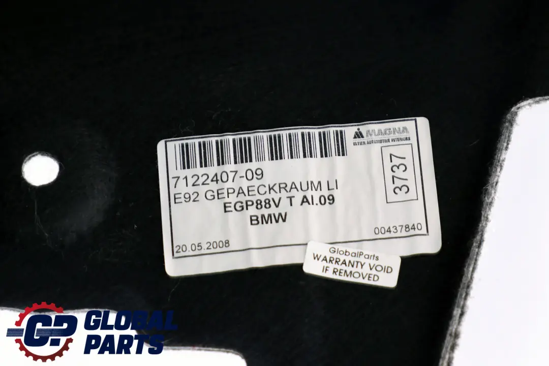 BMW 3 Series E92 Panel Left N/S Trunk Boot Trim Piece Carpet Grey - SKU 7122407 - Part number 7122407