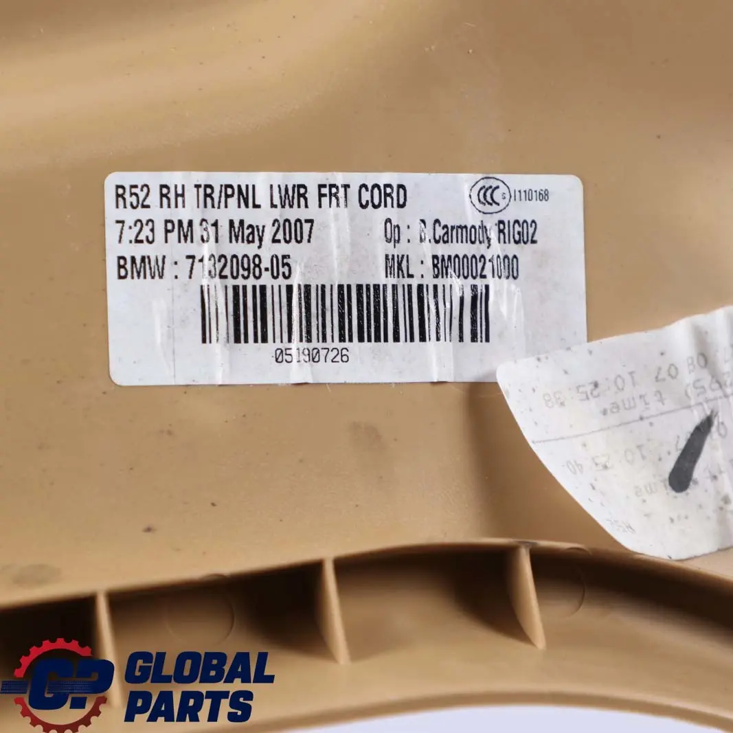Front Right O/S Lateral Trim Panel Cover Bottom Beige to BMW Mini R52 Cabrio with Part number 7132098 BMW Mini R52 Cabrio Front Right O/S Lateral Trim Panel Cover Bottom Beige - SKU 7132098 - Part number 7132098